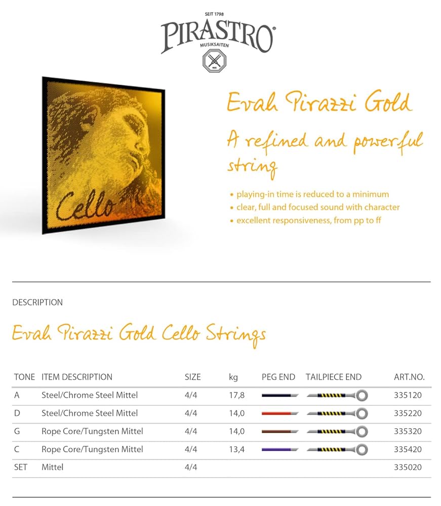 エヴァ・ピラッツィ　ゴールド　チェロ弦　A線D線　セット Amazon.co.jp: Pirastro EVAH PIRAZZI エヴァピラッツィ チェロ